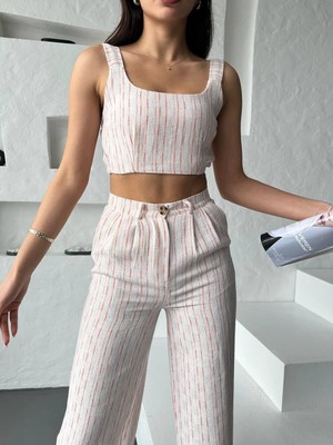 Eke Tekstil Turuncu Çizgili Crop Pantolon Keten Takım
