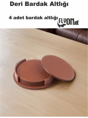 Flyonlook Deri Bardak Altlığı 4 Adet Bardak Altlığı Yuvarlak Tasarım Ofiste Evde Masanızı Tamamlayıcı Bardak