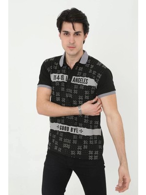 Mirage Erkek Yakalı Slim Fit Baskılı T-Shirt - Siyah