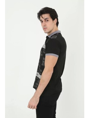 Mirage Erkek Yakalı Slim Fit Baskılı T-Shirt - Siyah