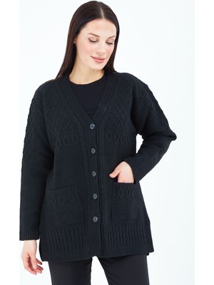 Stilmony Kadın Siyah Düğmeli Yün Anne Triko Kısa Hırka