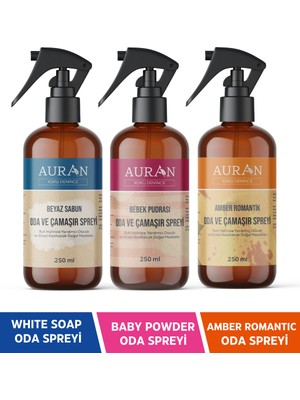 Auran 3'lü Set Beyaz Sabun Bebek Pudrası ve Amber Romantik Oda Ve Çamaşır Spreyi 250ml Doğal Koku