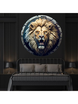 Yuvarlak Temperli Gerçek Cam Tablo Kükreyen Aslan Portresi