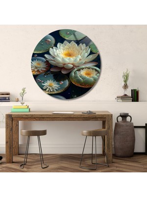 Yuvarlak Temperli Gerçek Cam Tablo Yeşil Krem Lotus Çiçeği