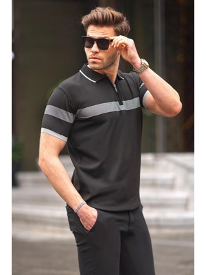 Madmext Siyah Fermuar Detaylı Polo Yaka Erkek Tişört 6879