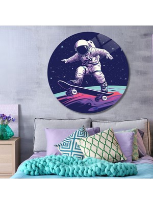Yuvarlak Temperli Gerçek Cam Tablo Uzayda Astronot ve Kaykay