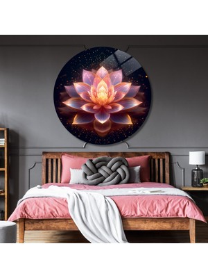 Yuvarlak Temperli Gerçek Cam Tablo Işıltılı Lotus Çiçeği