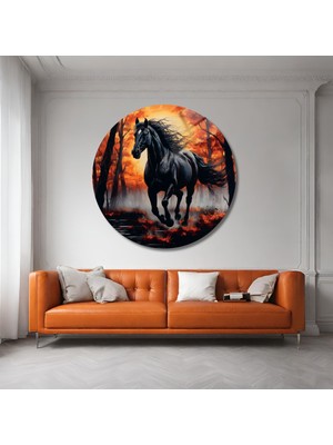 Yuvarlak Temperli Gerçek Cam Tablo Sonbahar ve Siyah At