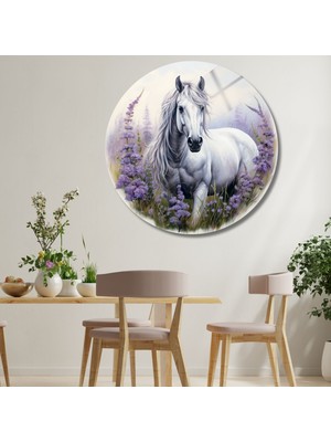 Yuvarlak Temperli Gerçek Cam Tablo Lavanta Bahçesinde Beyaz At