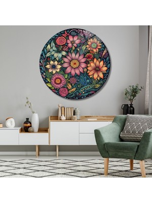 Yuvarlak Temperli Gerçek Cam Tablo Çok Renkli Çiçek Tasarımı