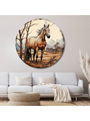 Yuvarlak Temperli Gerçek Cam Tablo Kahverengi At Görseli