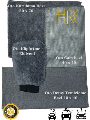 HRPAK 4'lü Mikrofiber Oto Yıkama Araba Kurulama Seti Kurulama Eldiven Cam Bezi Iç Detay Temizleme