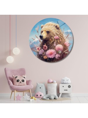 Yuvarlak Temperli Gerçek Cam Tablo Pembe Çiçekler ve Ayı
