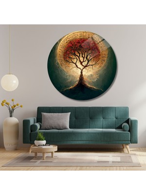 Yuvarlak Temperli Gerçek Cam Tablo Etnik Yazılı Ağaç Görseli