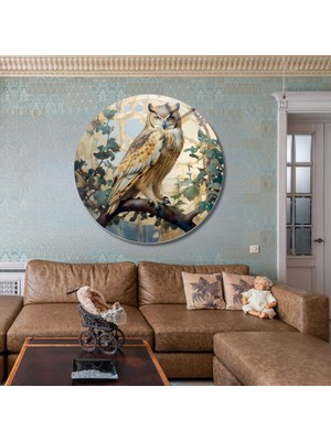 Yuvarlak Temperli Gerçek Cam Tablo Ağaç Dalında Baykuş