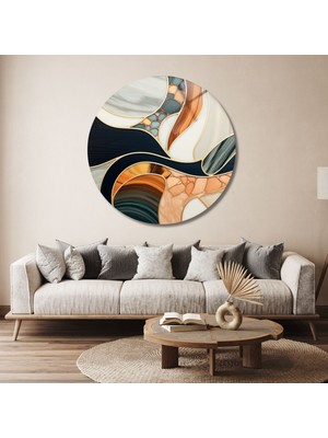 Yuvarlak Temperli Gerçek Cam Tablo Turuncu Krem Soyut Tasarım