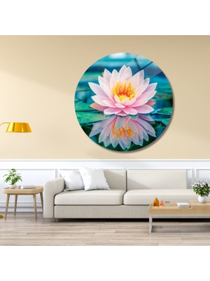 Yuvarlak Temperli Gerçek Cam Tablo Pembe Lotus Çiçeği