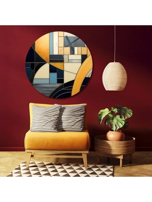 Yuvarlak Temperli Gerçek Cam Tablo Sarı Siyah Soyut Tasarım