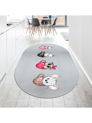 Viyana Home Dijital Baskılı Kaymaz Taban Yıkanabilir Oval Mutfak Halısı Yolluk, V-O-Mutfak-07-Gri,