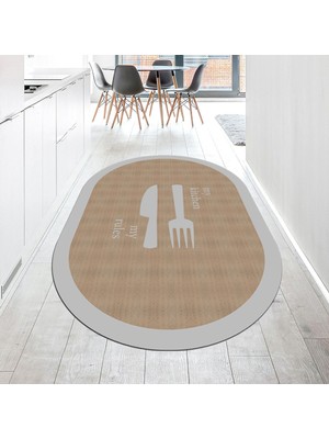 Viyana Home Dijital Baskılı Kaymaz Taban Yıkanabilir Oval Mutfak Halısı Yolluk, V-O-Mutfak-09-Gri,