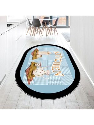 Viyana Home Dijital Baskılı Kaymaz Taban Yıkanabilir Oval Mutfak Halısı Yolluk, V-O-Mutfak-18-Mavi,