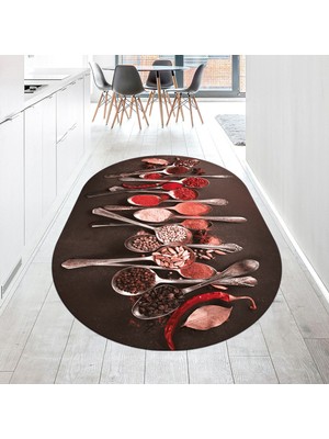 Viyana Home Dijital Baskılı Kaymaz Taban Yıkanabilir Oval Mutfak Halısı Yolluk, V-O-Mutfak-33-Kırmızı,