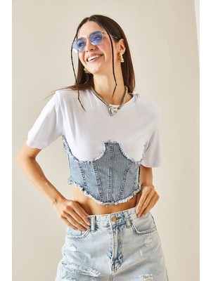 Xhan Beyaz Denim Detaylı Vatkalı Crop T-Shirt 5YXK1-48435-01