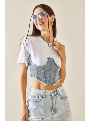 Xhan Beyaz Denim Detaylı Vatkalı Crop T-Shirt 5YXK1-48435-01