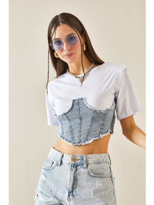 Xhan Beyaz Denim Detaylı Vatkalı Crop T-Shirt 5YXK1-48435-01