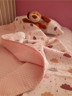 Heybe Waffle Pike ve Bulut Desenli Müslin Bebek Battaniyesi  Yastık Kılıfı