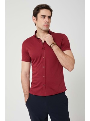 Olivia Coonless Erkek Kısa Kol Slim Fit Kırmızı Gömlek