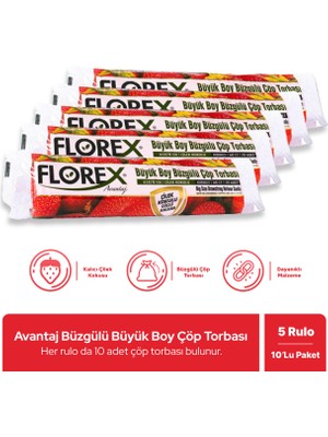 Florex Avantaj Seri Çilek Kokulu Büzgülü Büyük Boy Çöp Poşeti x 5 Rulo