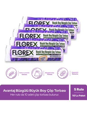 Florex Avantaj Seri Lavanta Kokulu Büzgülü Büyük Boy Çöp Poşeti x 5 Rulo