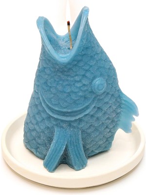 Missi Dekoratif Dik Balık Mum ve Seramik Mum Altlığı Açık Mavi