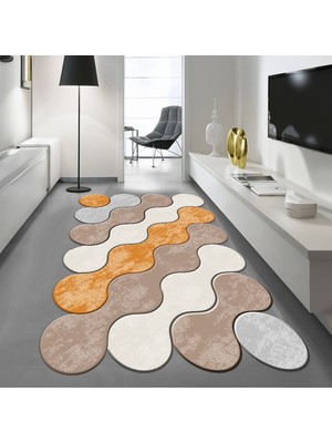 Viyana Home Dijital Baskılı Kaymaz Taban Yıkanabilir Lazer Kesim Salon Halısı Yolluk, V-Lazer-02-Bej,