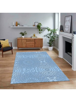 Viyana Home Dijital Baskılı Kaymaz Taban Yıkanabilir Sade Desen Yolluk Mutfak Salon Halısı, V-Sade-34-Mavi,