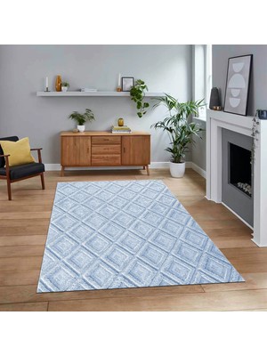 Viyana Home Dijital Baskılı Kaymaz Taban Yıkanabilir Sade Desen Yolluk Mutfak Salon Halısı, V-Sade-28-Mavi,