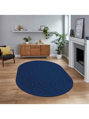 Viyana Home Dijital Baskılı Kaymaz Yıkanabilir Sade Desen Oval Yolluk Mutfak Salon Halısı, V-O-Sade-26-Mavi,