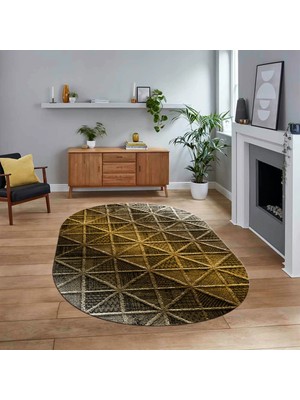 Viyana Home Dijital Baskılı Kaymaz Yıkanabilir Sade Desen Oval Yolluk Mutfak Salon Halısı, V-O-Sade-12-Gold,