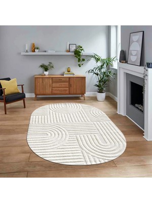 Viyana Home Dijital Baskılı Kaymaz Yıkanabilir Sade Desen Oval Yolluk Mutfak Salon Halısı, V-O-Sade-01-Krem,