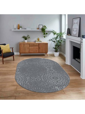 Viyana Home Dijital Baskılı Kaymaz Yıkanabilir Sade Desen Oval Yolluk Mutfak Salon Halısı, V-O-Sade-34-Gri,