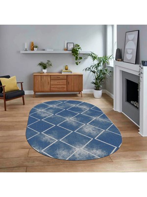 Viyana Home Dijital Baskılı Kaymaz Yıkanabilir Sade Desen Oval Yolluk Mutfak Salon Halısı, V-O-Sade-41-Mavi,