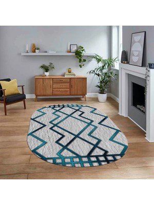 Viyana Home Dijital Baskılı Kaymaz Yıkanabilir Sade Desen Oval Yolluk Mutfak Salon Halısı, V-O-Sade-42-Mavi,