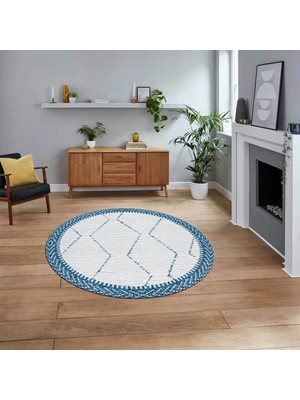 Viyana Home Dijital Baskılı Kaymaz Yıkanabilir Sade Desen Yuvarlak Mutfak Salon Halısı, V-Y-Sade-17-Mavi,