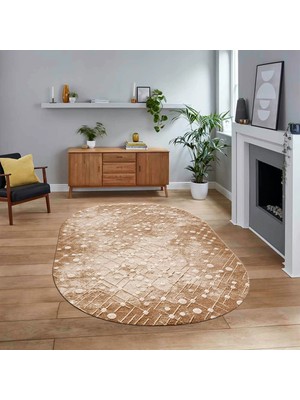 Viyana Home Dijital Baskılı Kaymaz Yıkanabilir Sade Desen Oval Yolluk Mutfak Salon Halısı, V-O-Sade-48-Kahve,