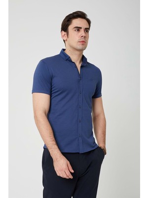 Olivia Coonless Erkek Kısa Kol Slim Fit Mavi Gömlek
