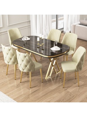 Afe Serisi 90X168 Lak Panel Antrasit İroni Gold Ayak Masa Takımı 6 Sandalye