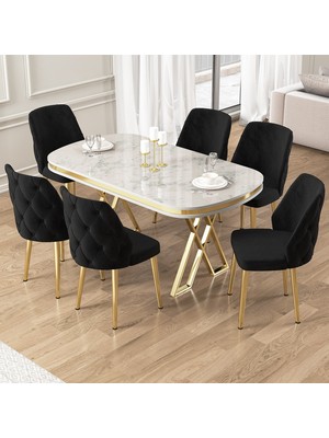 Afe Serisi 90X168 Lak Panel Beyaz Mermer Desen Gold Ayak Masa Takımı 6 Sandalye