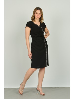 Vals Kadın Drapeli Ay Kollu Krep Kumaş Araboy Abiye Elbise 22-146 Siyah