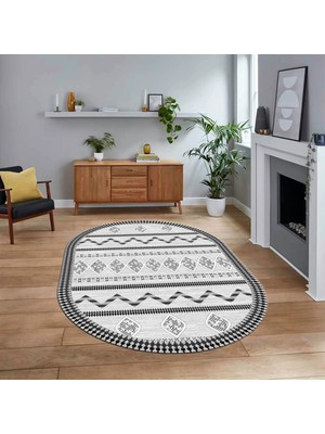 Viyana Home Dijital Kaymaz Yıkanabilir Oval Iskandinav Desen Yolluk Salon Halısı, V-O-Iskandinav-27-Gri,